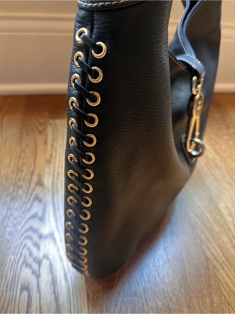 Dooney & Bourke Black Leather Shoulder Bag with Gold Hardware